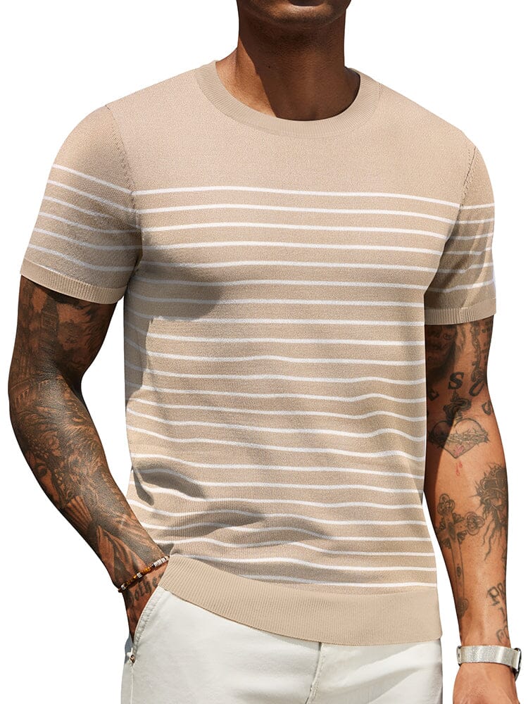 Casual Basic Knit T-Shirt (US Only) Shirts coofandy Khaki Stripe S 