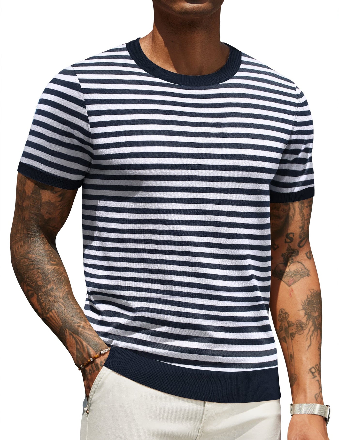 Casual Basic Knit T-Shirt (US Only) Shirts coofandy Navy Stripe S 