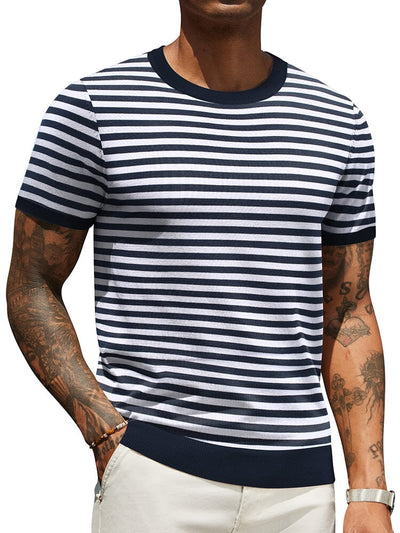 Casual Basic Knit T-Shirt (US Only) Shirts coofandy Navy Stripe S 