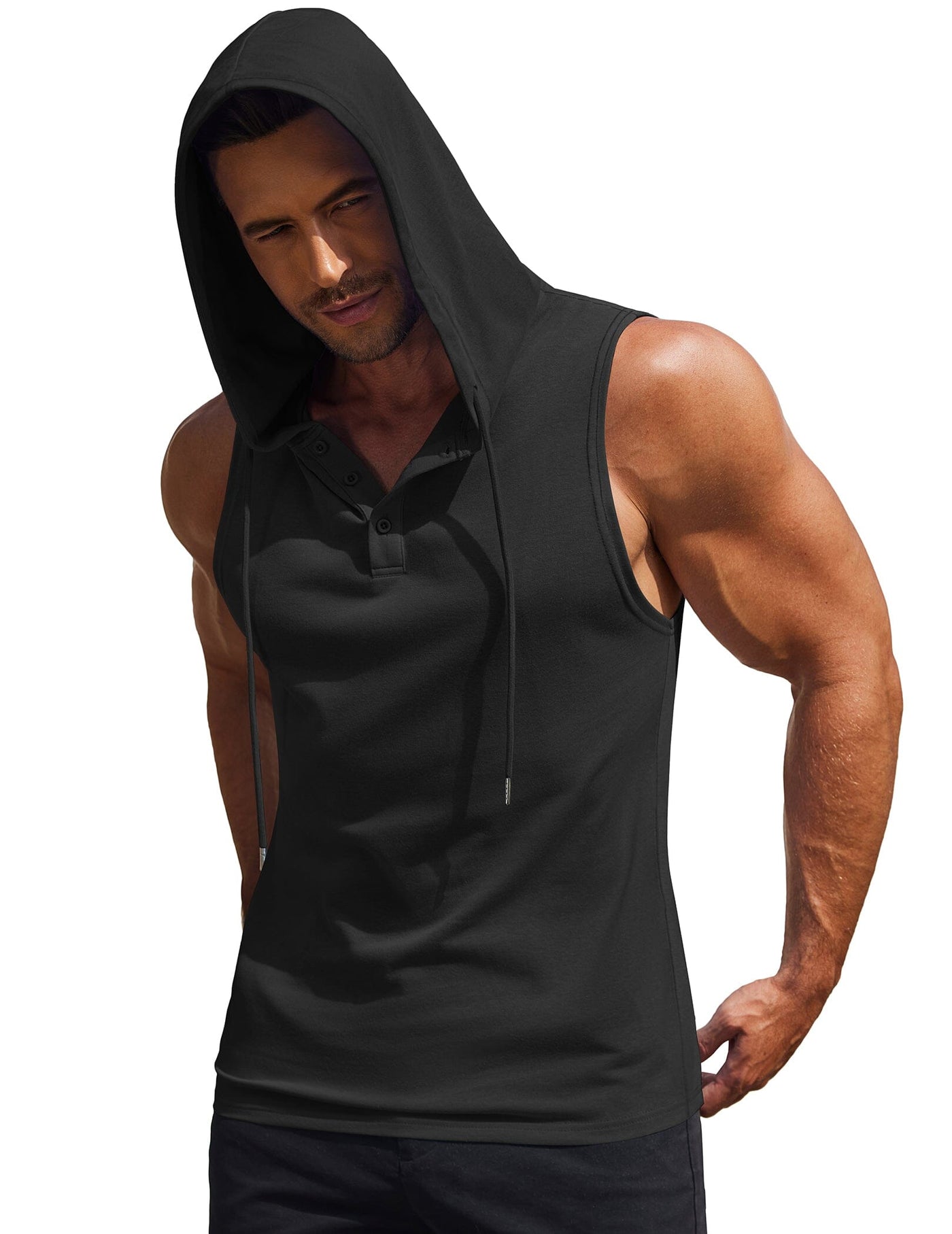 Cotton Hooded Tank Tops (US Only) Tank Tops coofandy Black S 