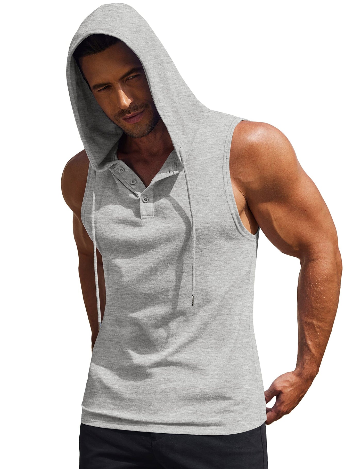 Cotton Hooded Tank Tops (US Only) Tank Tops coofandy Light Gray S 