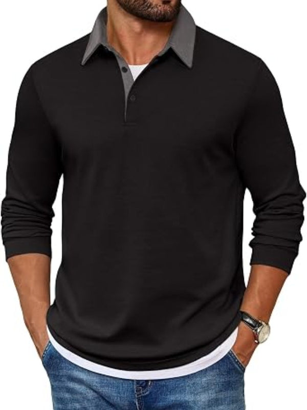 Contrast Collar Long Sleeve Polo Pullover Shirt (US Only)