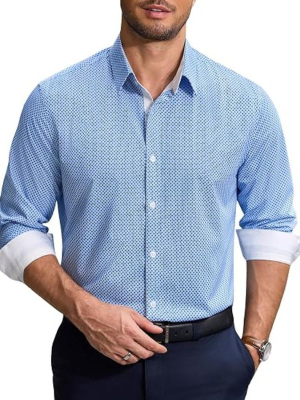 Printed Contrast Collar Long Sleeve Button Down Dress Shirt (US Only)