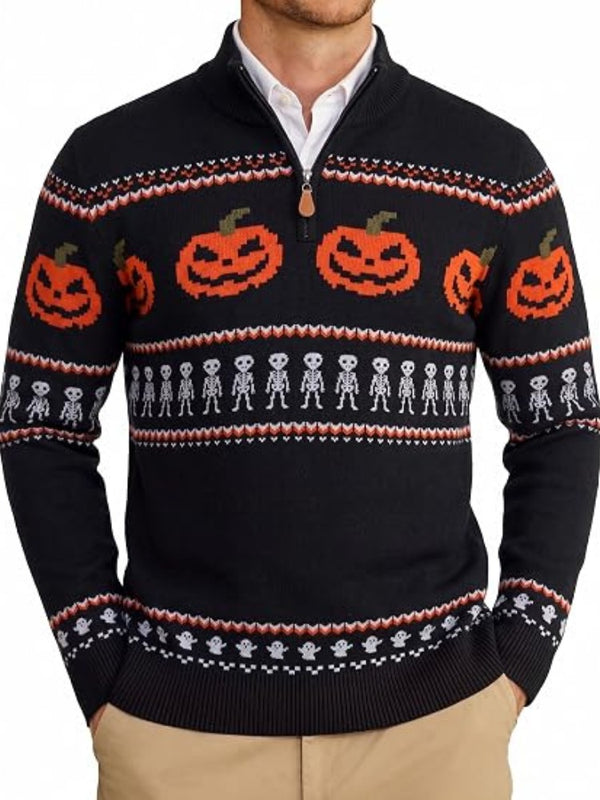 Halloween Ugly Knit Sweater Quarter Zip Mock Neck Pullover (US Only)