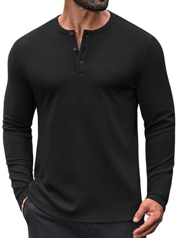 Waffle Knit Henley Long Sleeve Casual Pullover Shirt (US Only)