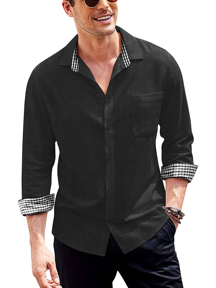 Long-Sleeve Cotton Linen Shirt (US Only) Casual Button-Down Shirts COOFANDY Store Black S 