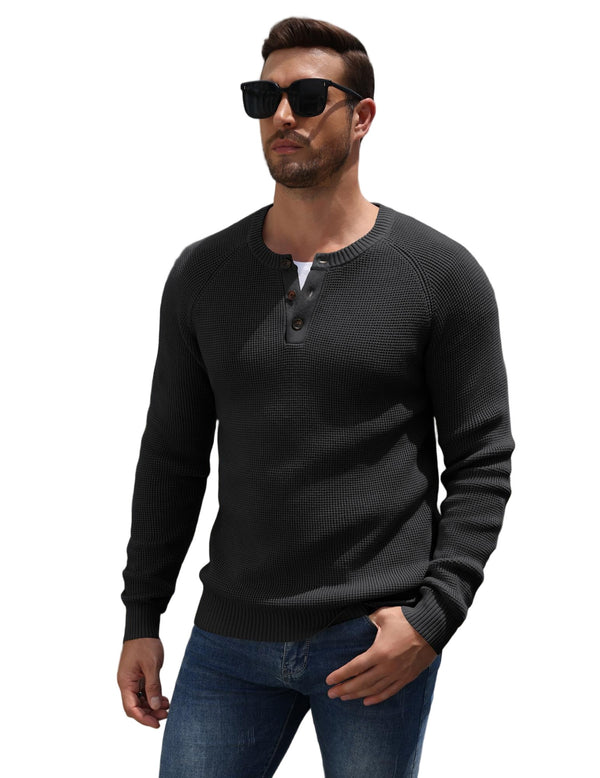 Raglan Sleeve Henley Waffle Knit Pullover Sweater (US Only)