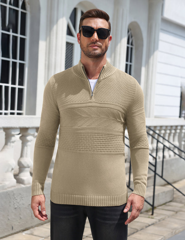 Quarter Zip Casual Knit Mock Neck Pullover Sweater (US Only)
