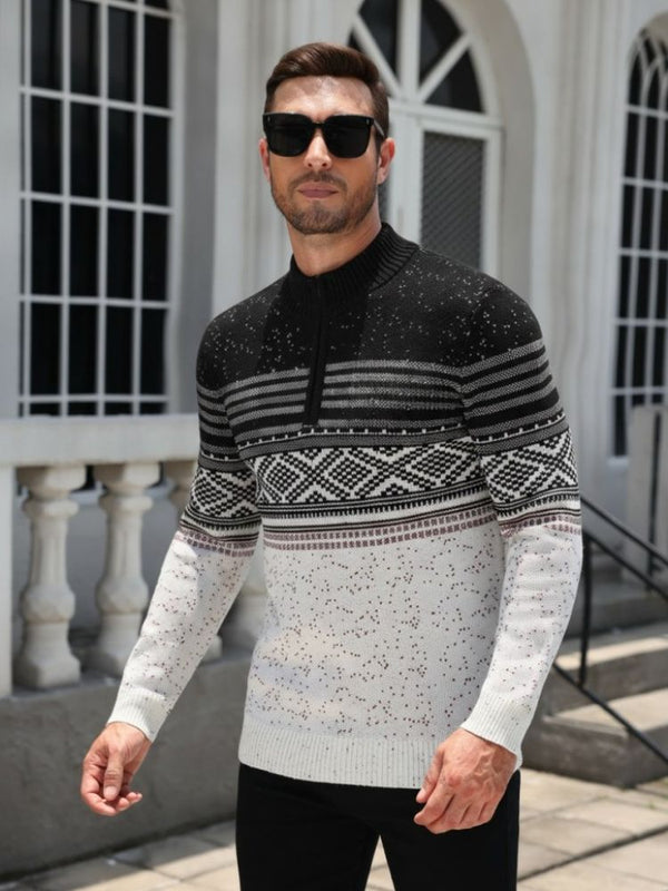 Quarter Zip Fair Isle Pattern Knit Pullover Sweater (US Only)