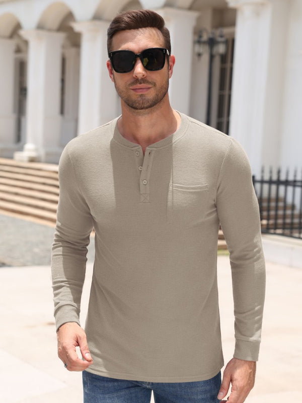 Waffle Knit Long Sleeve Henley Shirt with Pocket (US Only)