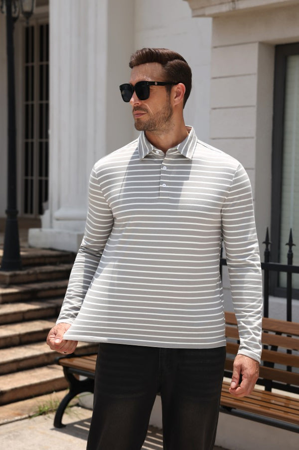 Striped Moisture Wicking Long Sleeve Rugby Polo Shirt (US Only)
