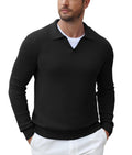 Textured V-Neck Long Sleeve Knit Polo Sweater (US Only)