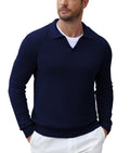 Textured V-Neck Long Sleeve Knit Polo Sweater (US Only)