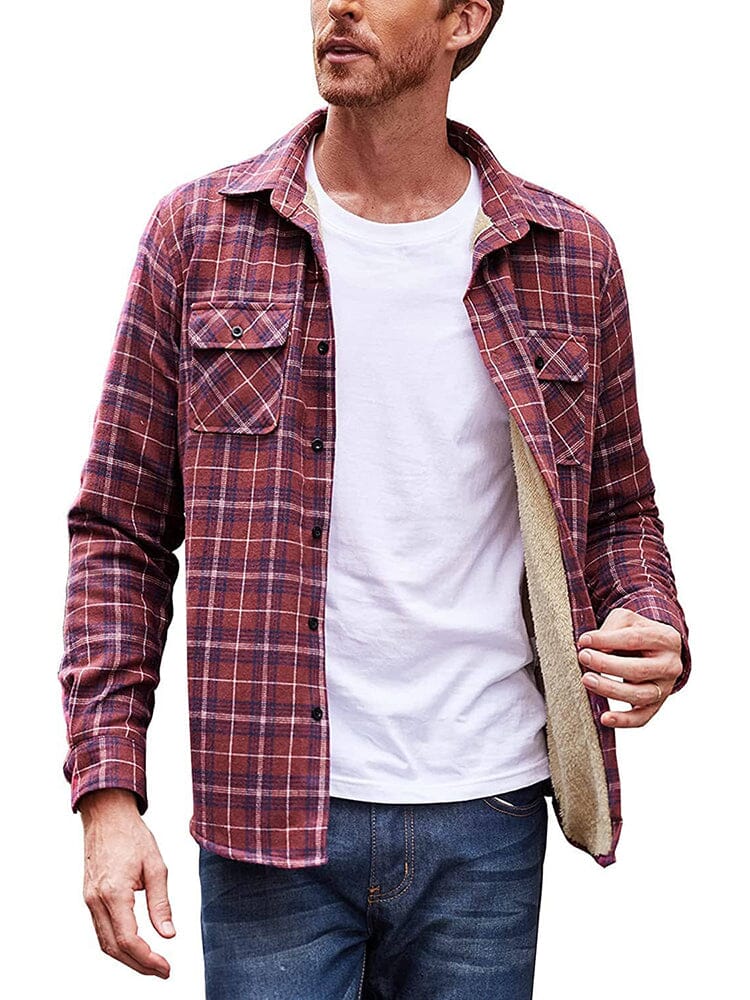 Lined Flannel Plaid Long Sleeve Shirt (US Only) Shirts COOFANDY Store Wine Red S 