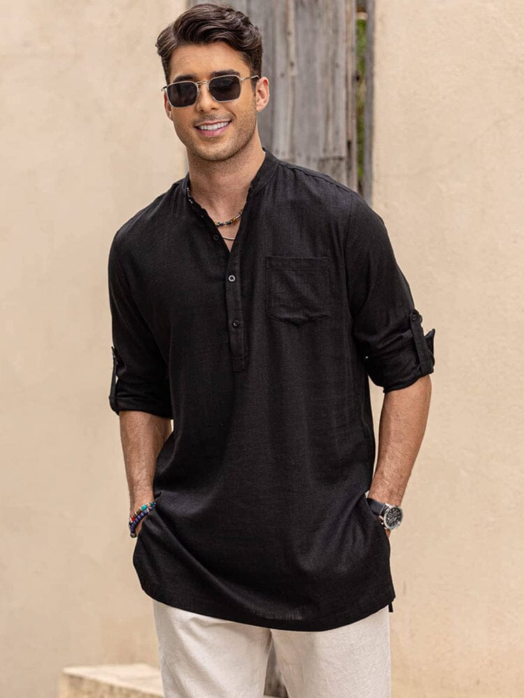 Linen Henley Long Sleeve Shirts Pocket
