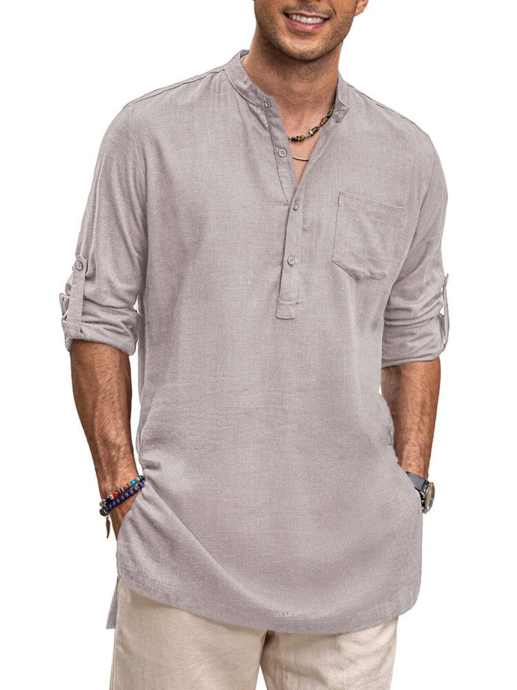 Linen Henley Long Sleeve Shirts with Pocket (US Only) Shirts Coofandy's Grey S 