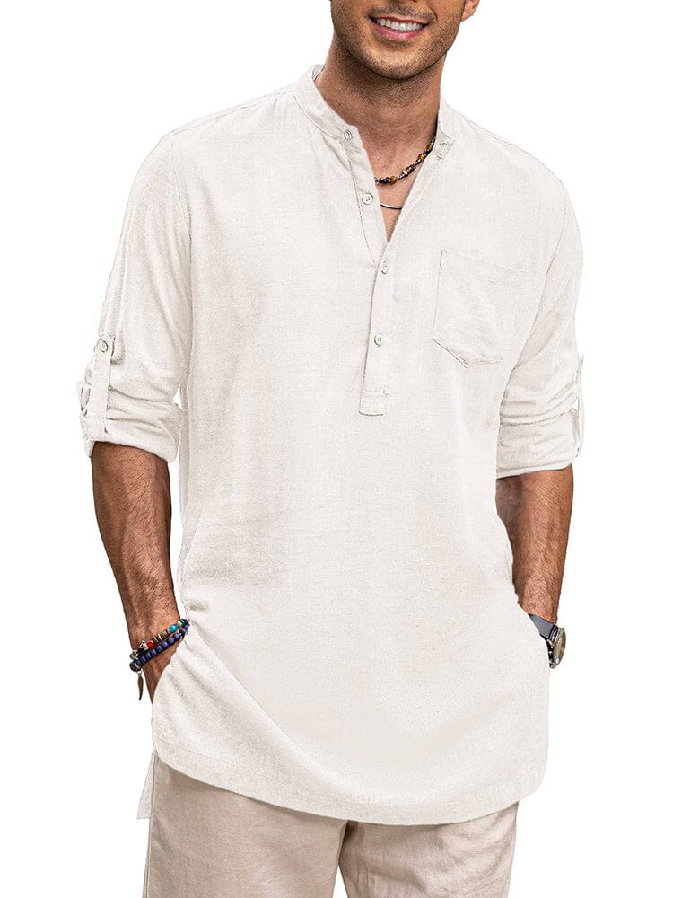 Linen Henley Long Sleeve Shirts with Pocket (US Only) Shirts Coofandy's White S 