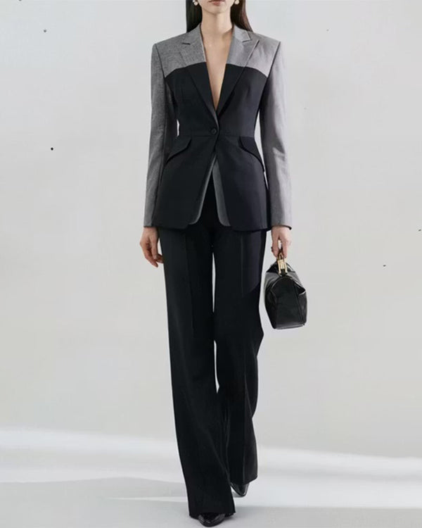 Color Block Tailored Blazer And Wide Leg Pants Set