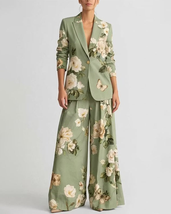 Vintage Floral Print Blazer And Wide Leg Pants Set