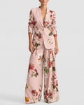 Vintage Floral Print Blazer And Wide Leg Pants Set