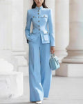Mandarin Collar Military Style Blazer And Wide Leg Pants Set