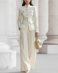 Mandarin Collar Military Style Blazer And Wide Leg Pants Set