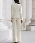 Mandarin Collar Military Style Blazer And Wide Leg Pants Set