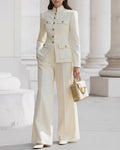 Mandarin Collar Military Style Blazer And Wide Leg Pants Set