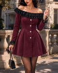 Romantic Faux Velvet Lace Trim Off-the-Shoulder Dress