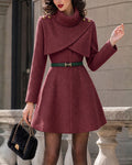 Elegant Turtleneck Cape Shoulder Double-faced Tweed Dress