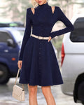 Faux Two Piece Cold Shoulder Button Front A-Line Dress