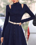 Faux Two Piece Cold Shoulder Button Front A-Line Dress