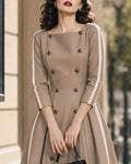 Double Breasted Contrast Trim A-Line Midi Dress