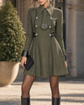 Double Breasted Necktie Faux Leather Trim A-Line Mini Dress