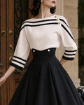 Retro Striped Buttoned Top & Corset Swing Skirt Set
