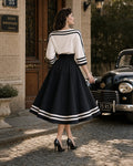 Retro Striped Buttoned Top & Corset Swing Skirt Set
