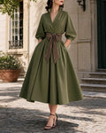 Vintage V-Neck Lantern Sleeve Cotton Swing Midi Dress