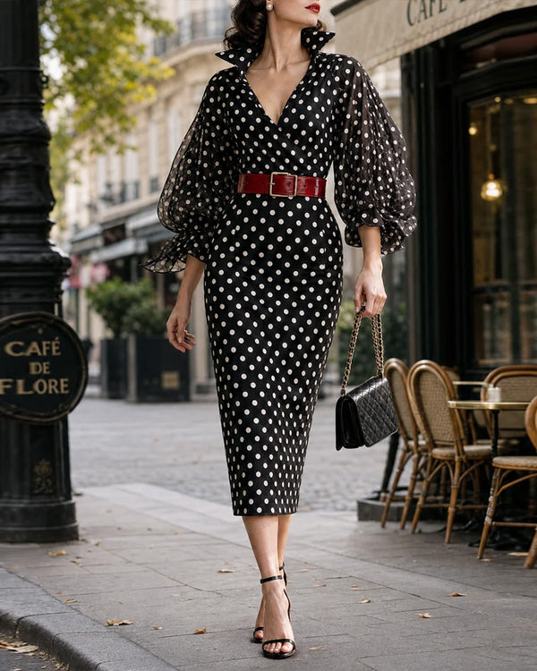 Vintage Balloon Sleeve Polka Dot Midi Dress