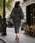 Vintage Balloon Sleeve Polka Dot Midi Dress