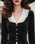 Elegant Tie Front Polka Dot Velvet Blouse