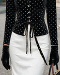 Elegant Tie Front Polka Dot Velvet Blouse