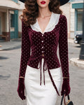 Elegant Tie Front Polka Dot Velvet Blouse
