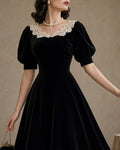 Vintage Puff Sleeve Velvet A-Line Midi Dress