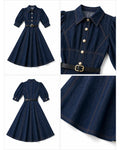 Elegant Puff Sleeve Button Front A-Line Dress with Contrast Button Front