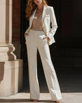 Gold Piping Trim Blazer and Flare Wide Leg Pants Suit Set