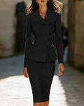 Asymmetric Wrap Blazer and Pencil Skirt Suit Set