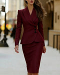 Asymmetric Button Peak Lapel Blazer & Pencil Skirt Set