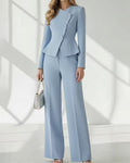 Asymmetric Button Peplum Blazer Wide Leg Pants Set