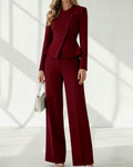 Asymmetric Button Peplum Blazer Wide Leg Pants Set