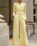 Notched Mandarin Collar Cropped Jacket and Wide-Leg Pants Set